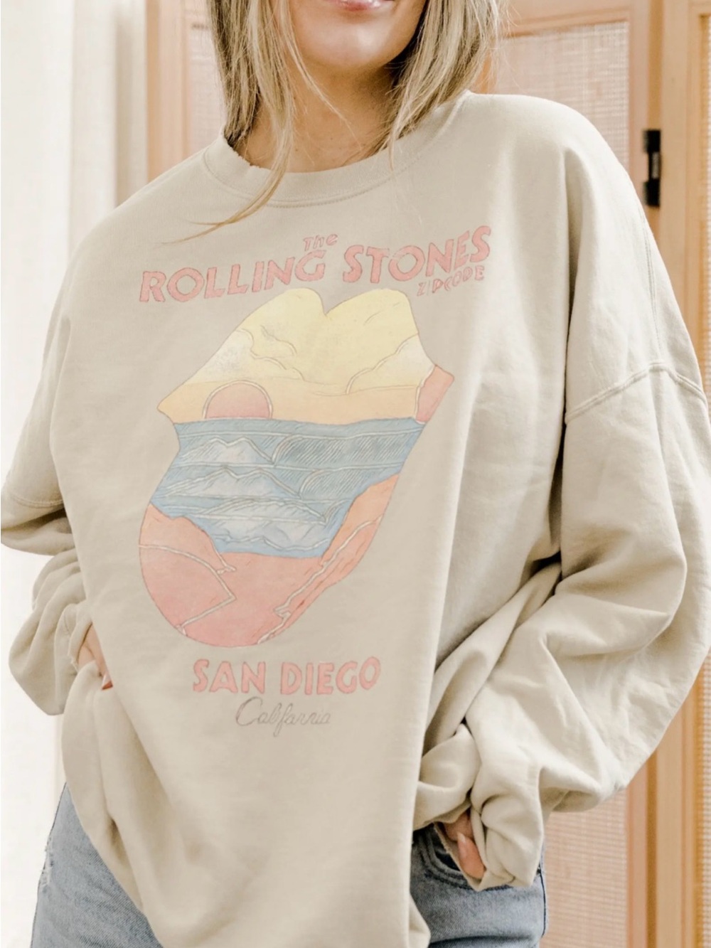 LivyLu Rolling Stones San Diego Zip Code Crewneck Sweatshirt Sand Medium